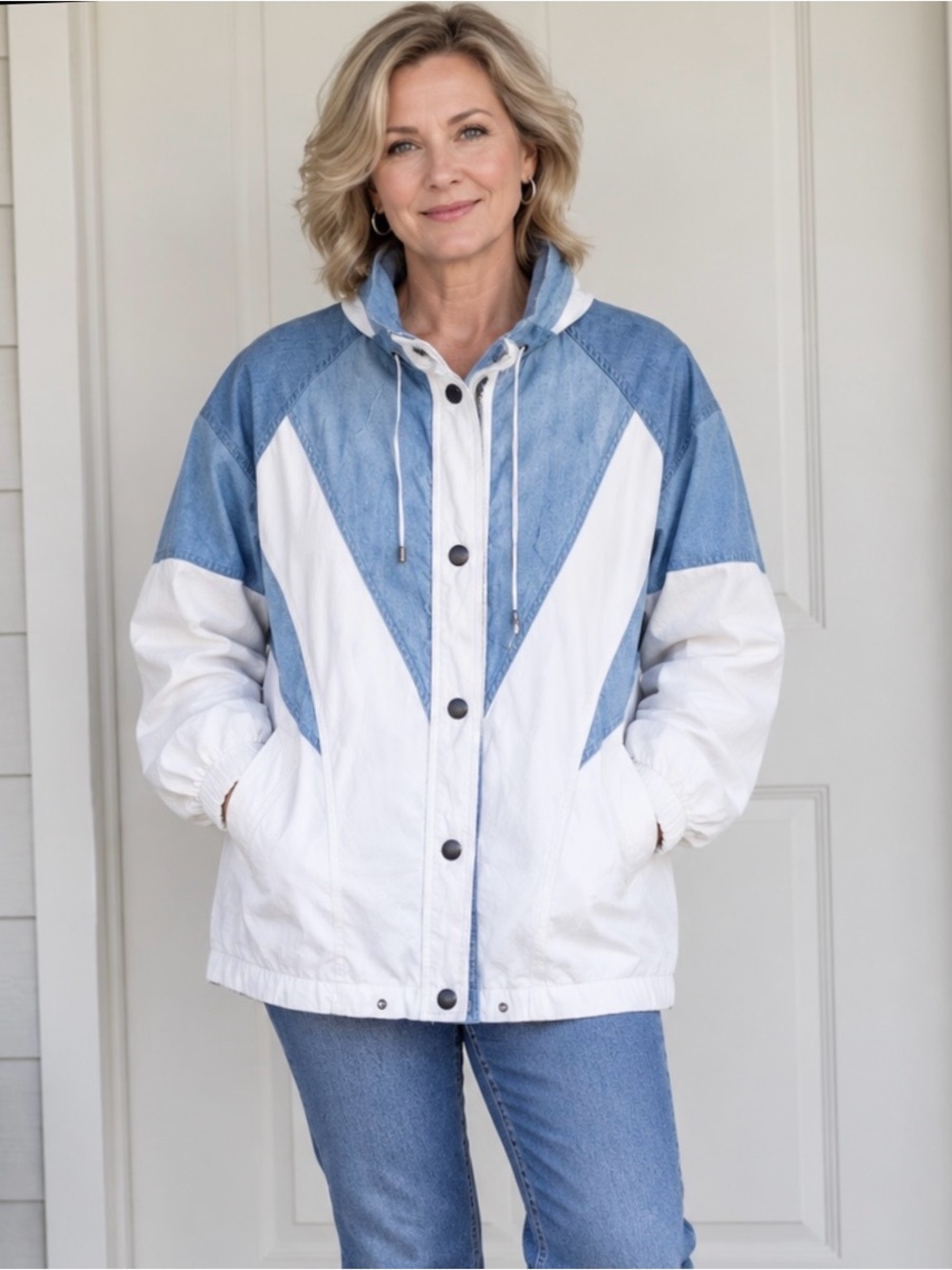 VTG Sz 1XL Light Blue White Colorblock Jacket - Women’s